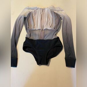 Patrick J designs dance costume black, white, ombre mesh, long sleeve leotard CL